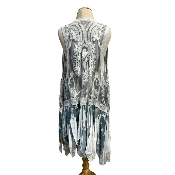 Origami By Vivian Womens Sz XL/L Sheer Lace Vest Draped Hem & Embroidered Detail - Picture 3 of 13